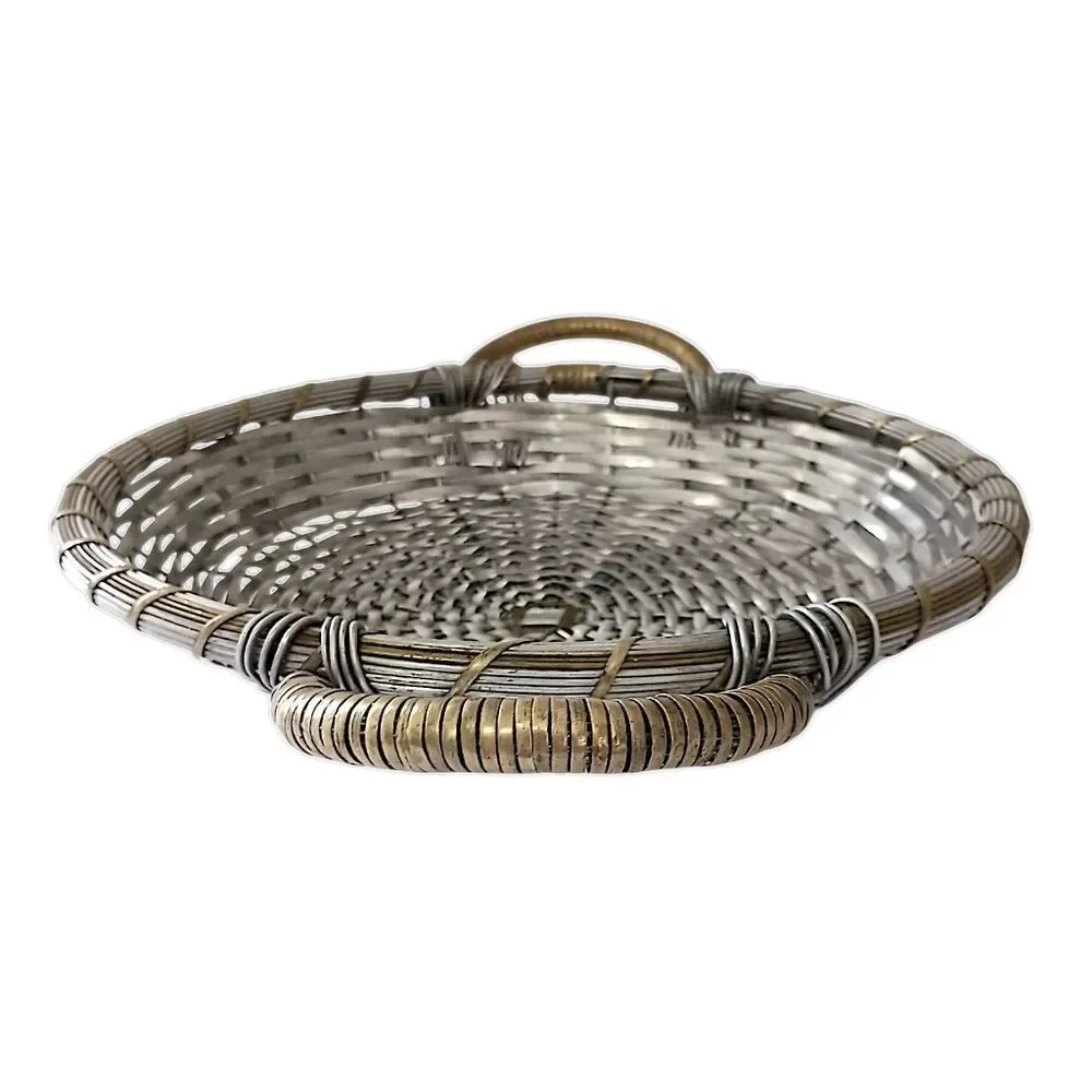 Vintage Woven Metal Wire Basket Tray Handles Silver Tone Rustic Farmhouse Tuscan
